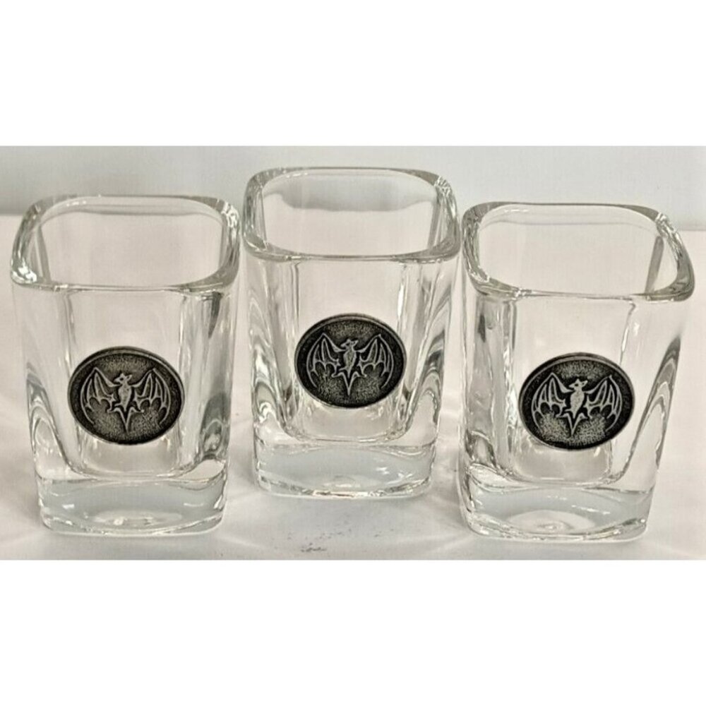 Bacardi Rum shot glasses set of 3 with pewter Bat Logo